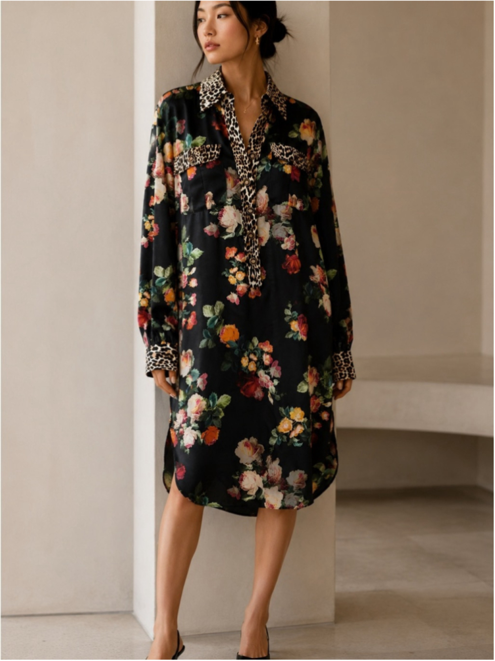 Terri Jon Floral Leopard Trim Shirt Dress Midi Size 4